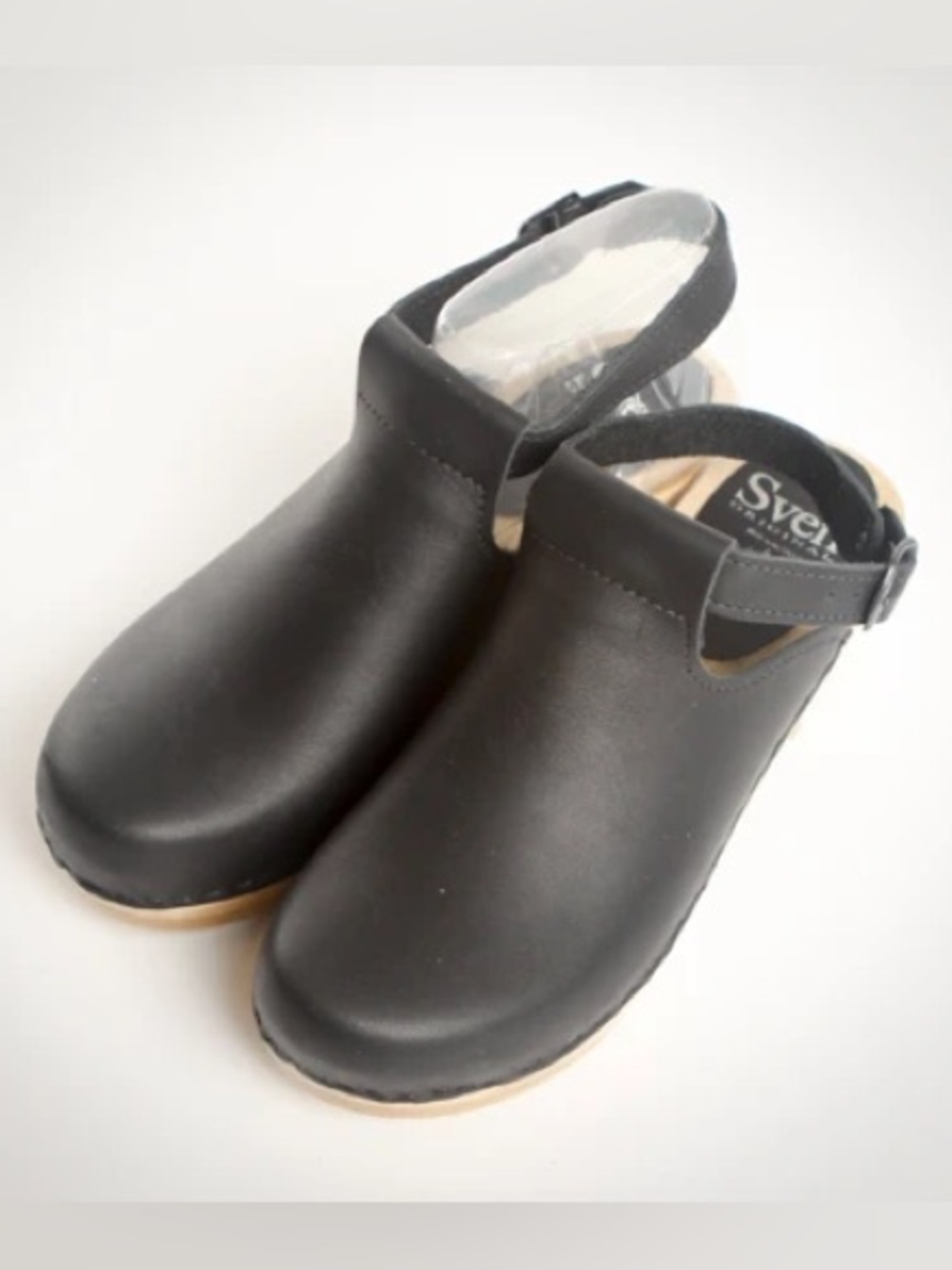 Sven Halter Top Black Leather Wood Heel Clogs | 37